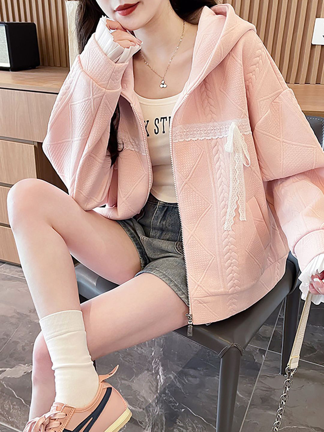 HERE&NOW Women Self Design Long Sleeves Hooded Front-Open Floral Sweatshirt