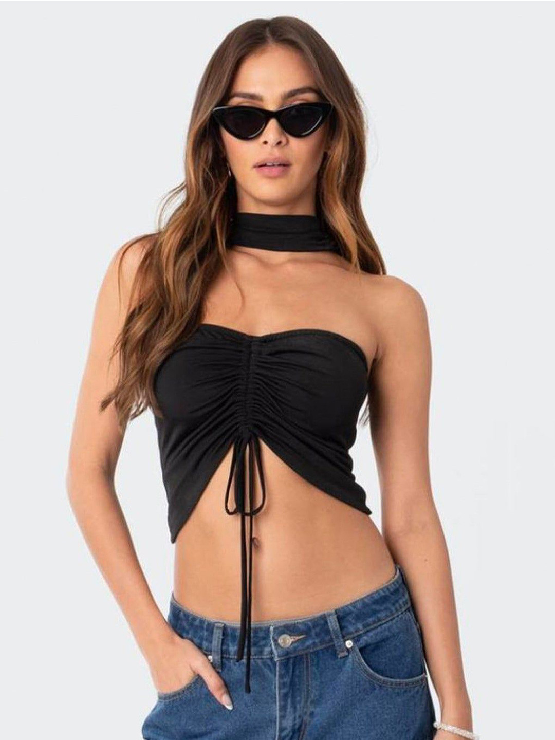 Outzidr Women Strapless Crop Top with Scarf Neck