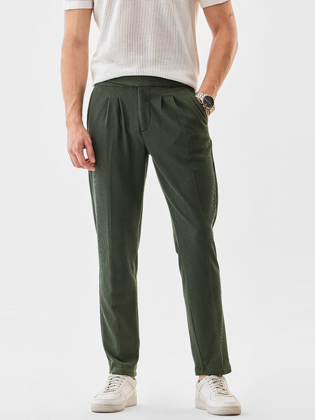Snitch Men Dark Green Textured Mid-Rise Slim Fit Trouser