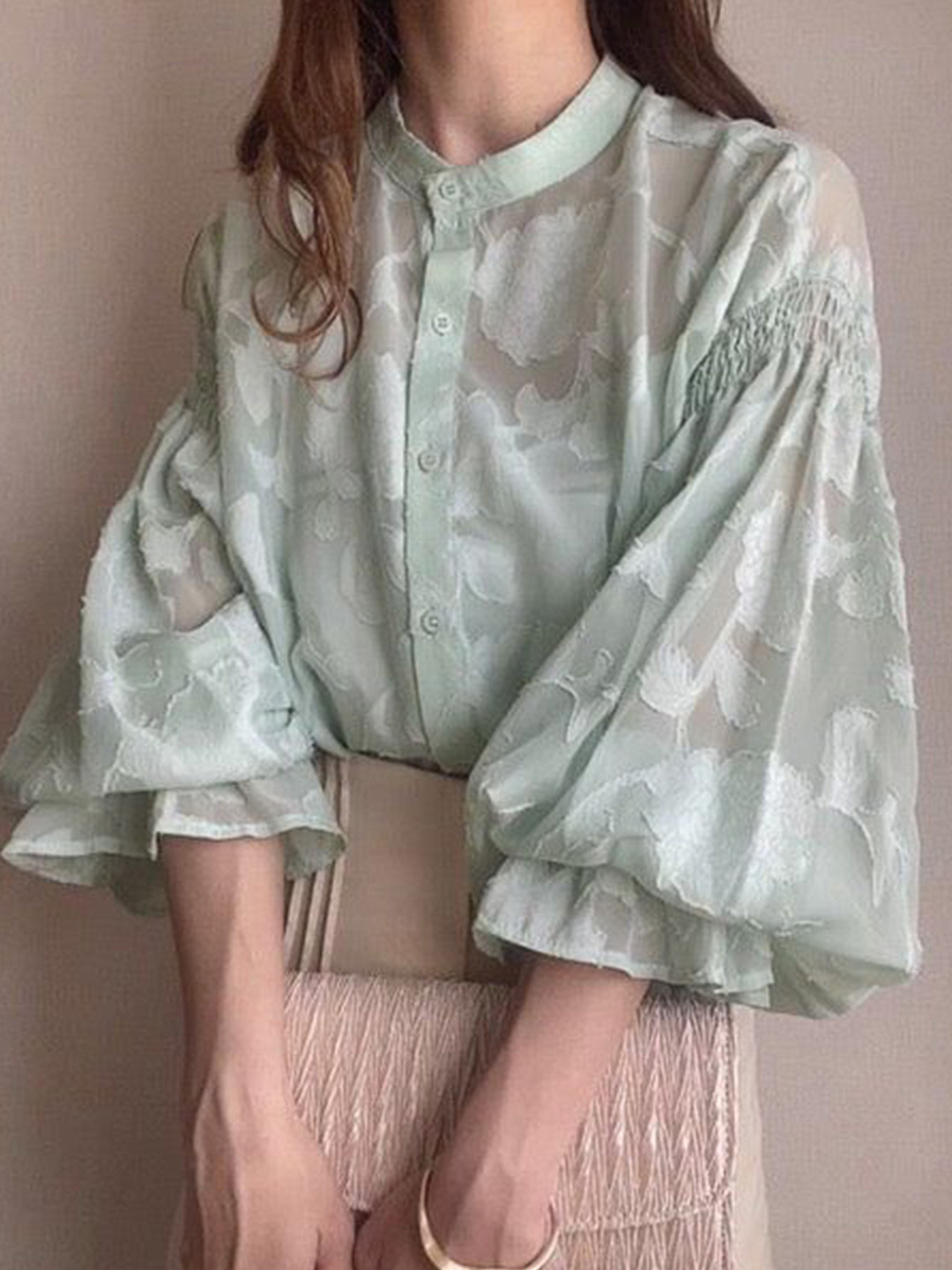 Miss Mosa By Akanksha  Natala Puffed Sleeve Formal Shirt In Pista Green