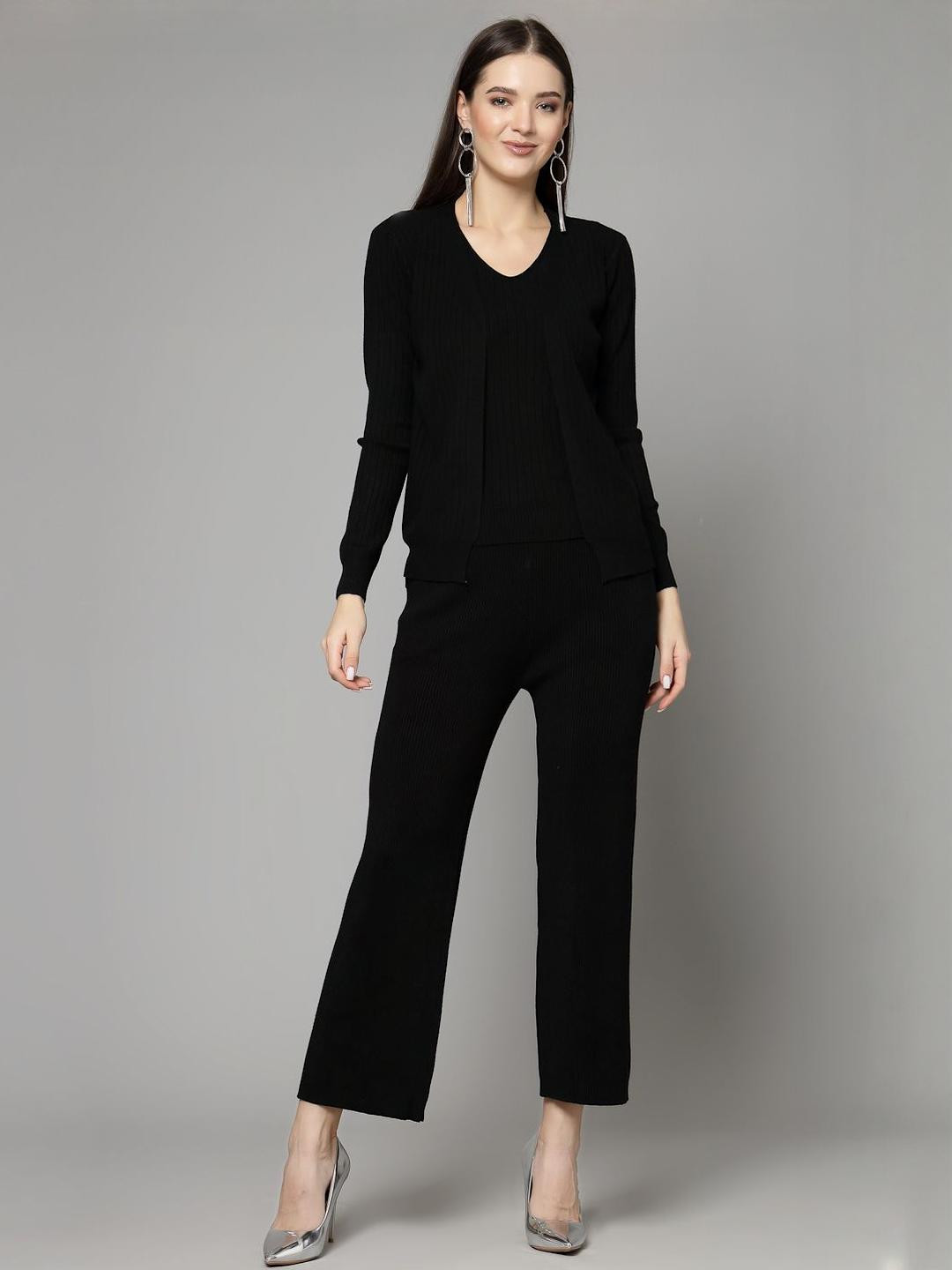 Mafadeny Women 3-Piece V-Neck Co-ord Set with Inner Cami & Wide-Leg Pants