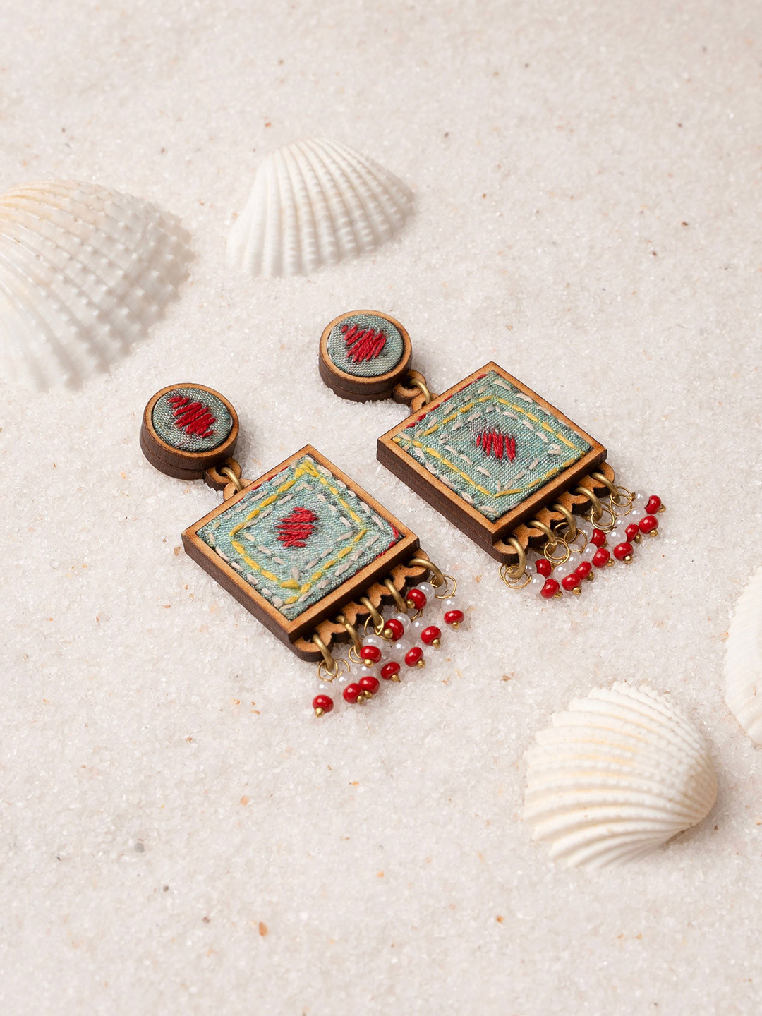 WHE Artificial Beaded Kantha Columbia Square Drop Earrings