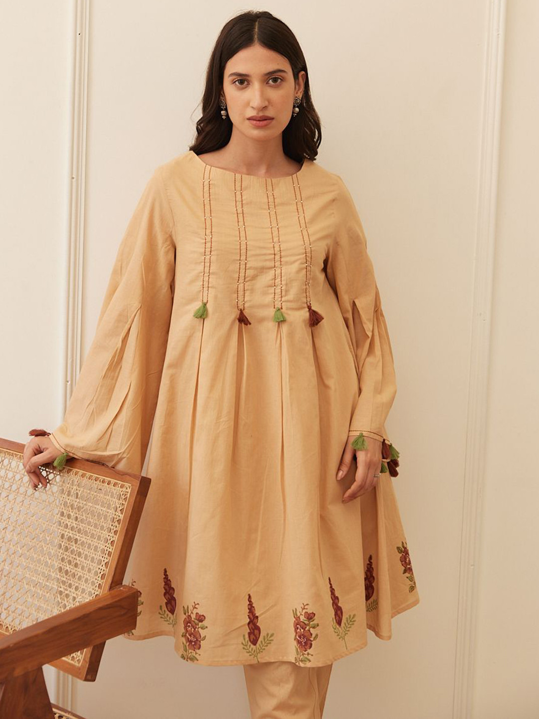 Women Block Print with Handwork Cotton A-Line Kurta with Trousers