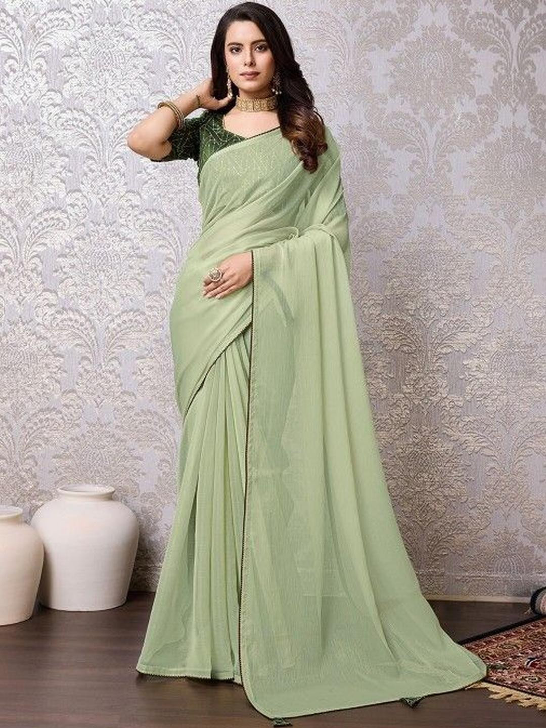 KARAGIRI Pista Green Chiffon Saree With Blouse Piece