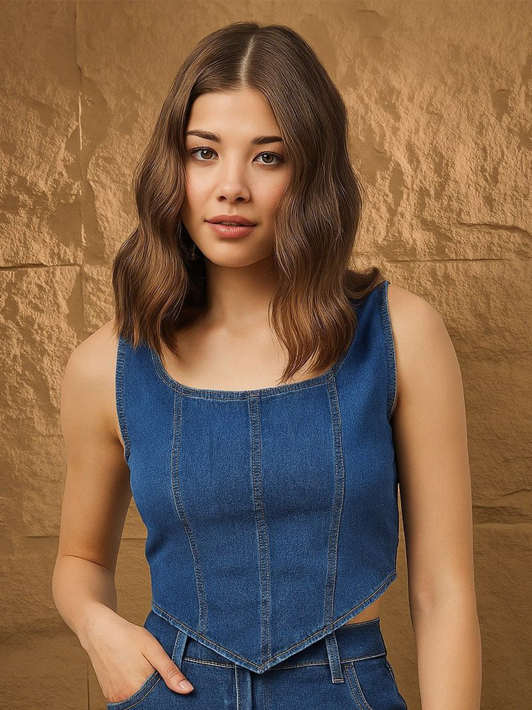 R.Code by The Roadster Life Co. Women Square Neck Cotton Denim Corset Top