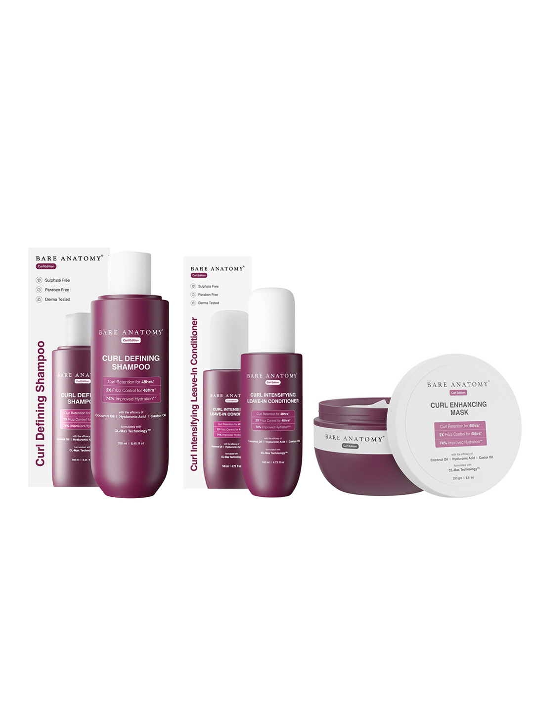 Bare Anatomy Curl Care Combo - Shampoo 250ml + Leave In Conditioner 140ml + Hair Mask 250g