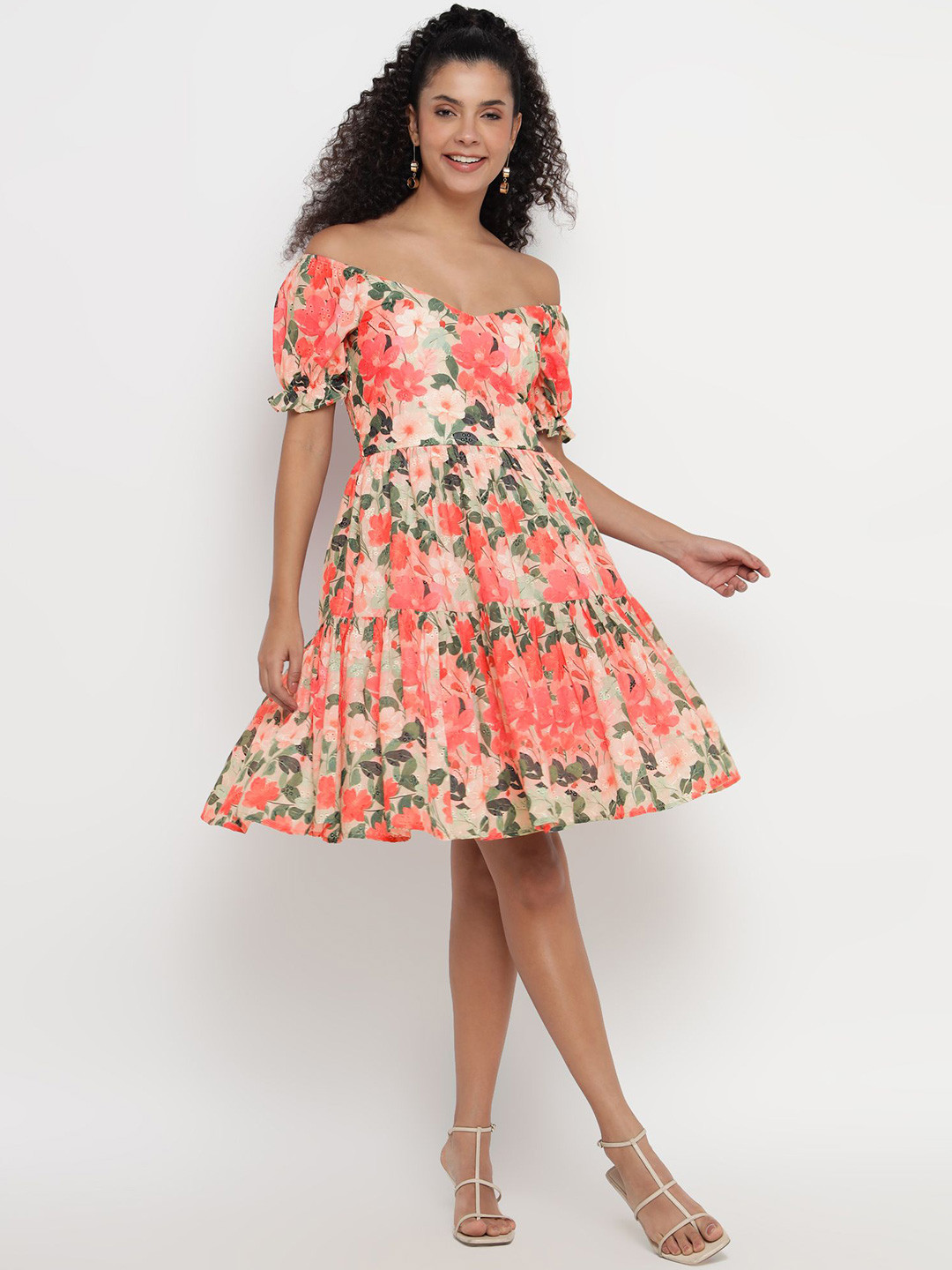 theulluu.com Women Floral Printd Off-Shoulder Schiffli Tiered Fit and Flare Mini Dress