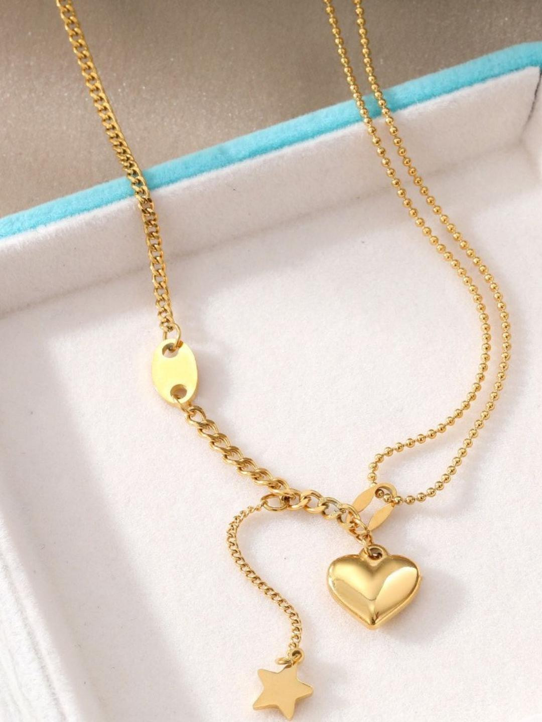 SZN Women Gold-Toned Star & Heart Charm Y Lariat Stainless Steel Necklace