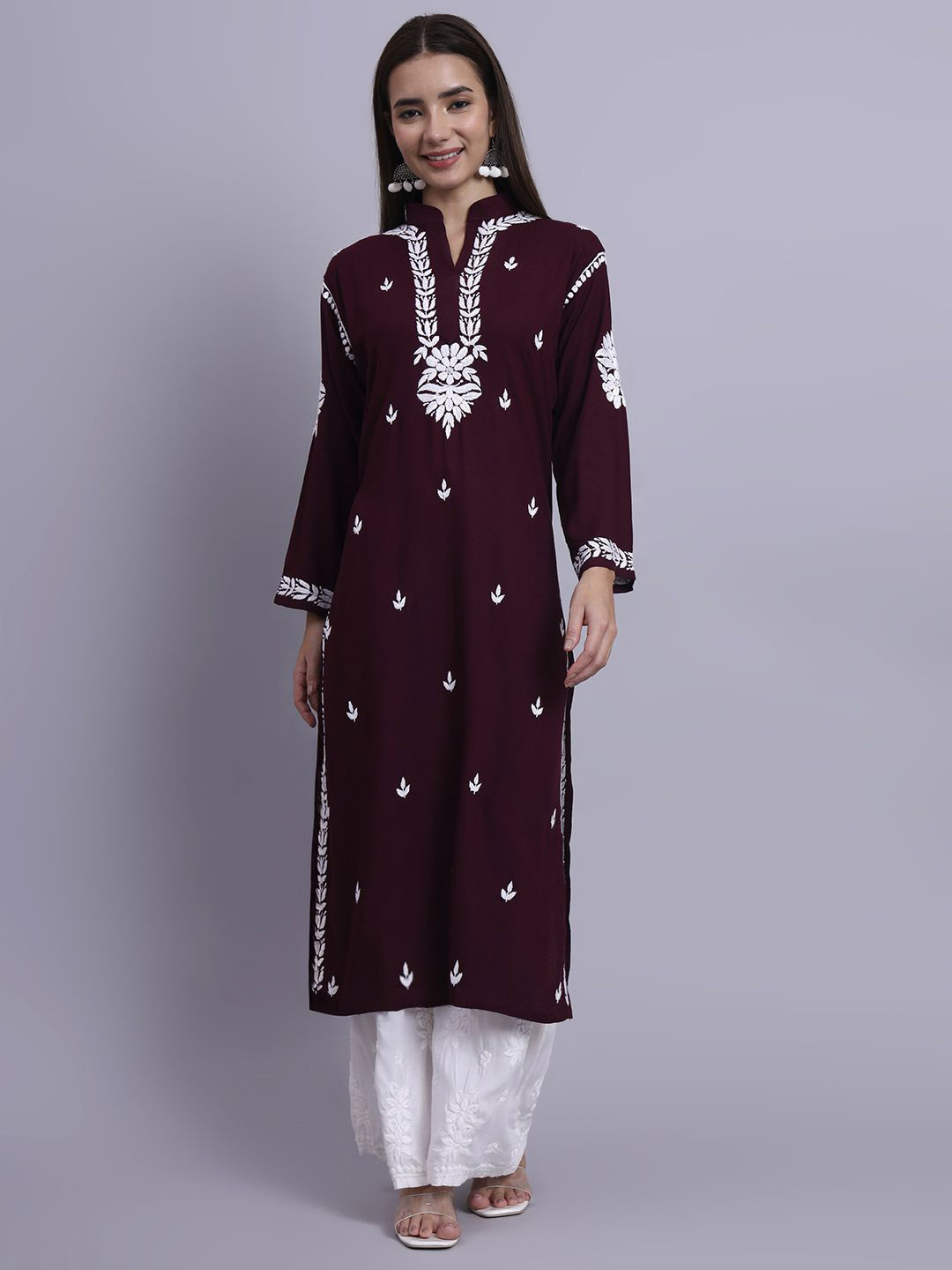 The Chikan Label Women Mauve Riddhi Rayon Chikankari Straight Kurti