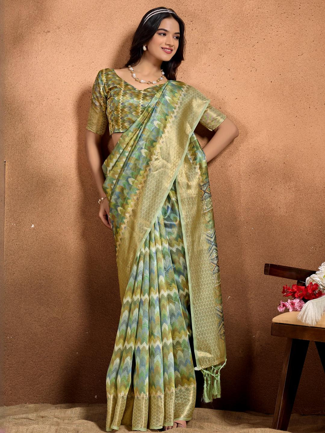 DIVASTRI Green Printed Art Silk Sarees