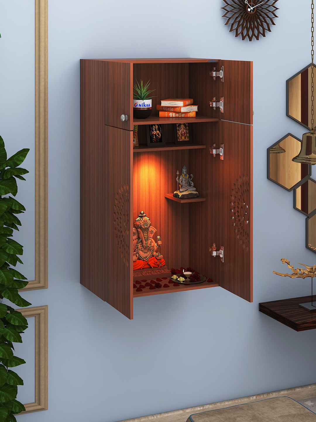 ANIKAA Brown Wall Wall Mounted Home Temple With LED Light-Walnut
