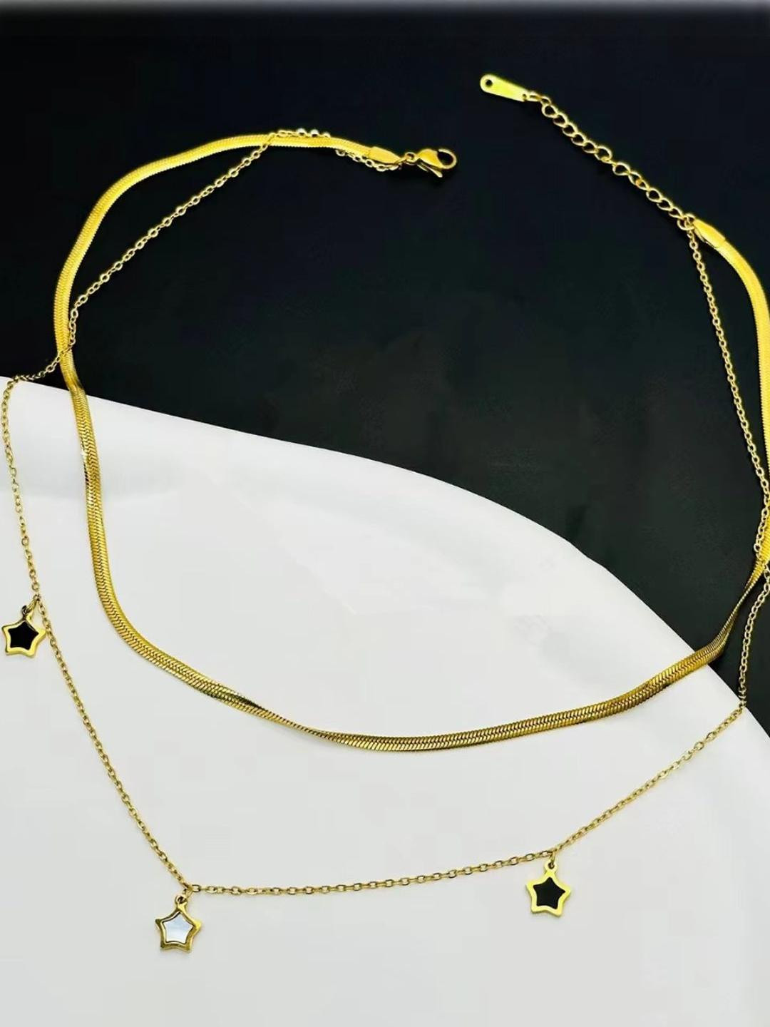 SZN Gold Plated  Double Layer Black & White Star Charms Necklace