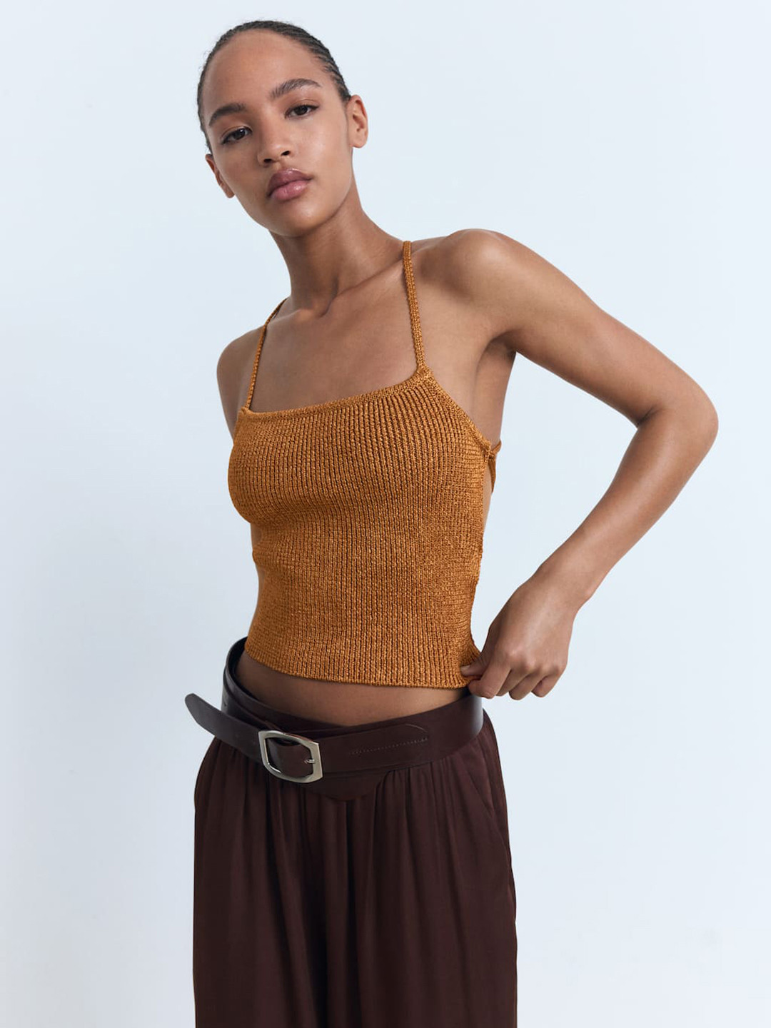 MANGO Open Tie-Up Back Lurex Knitted Top