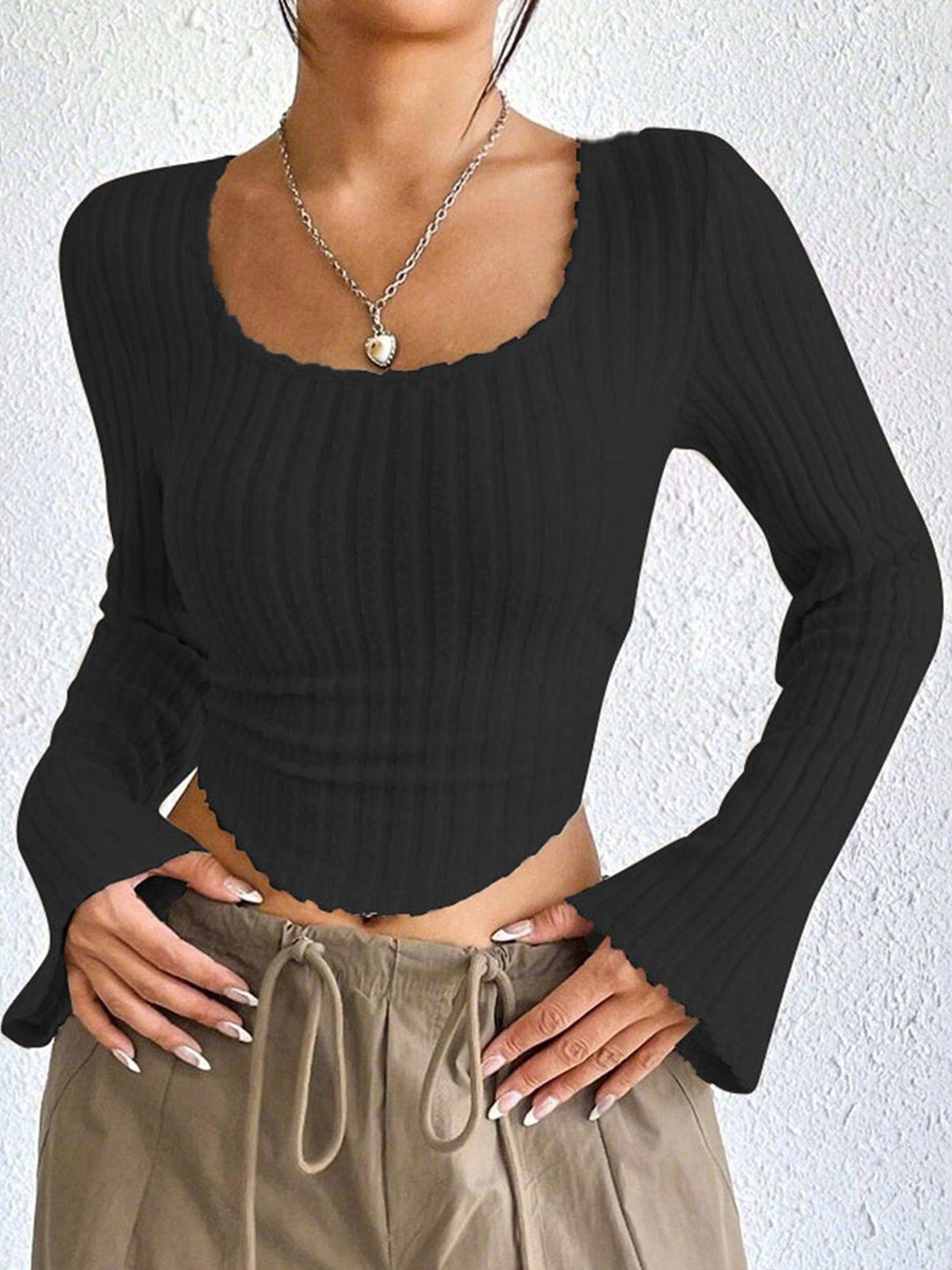 Outzidr Ribbed Bell Sleeves U-Hem Tank Crop Top