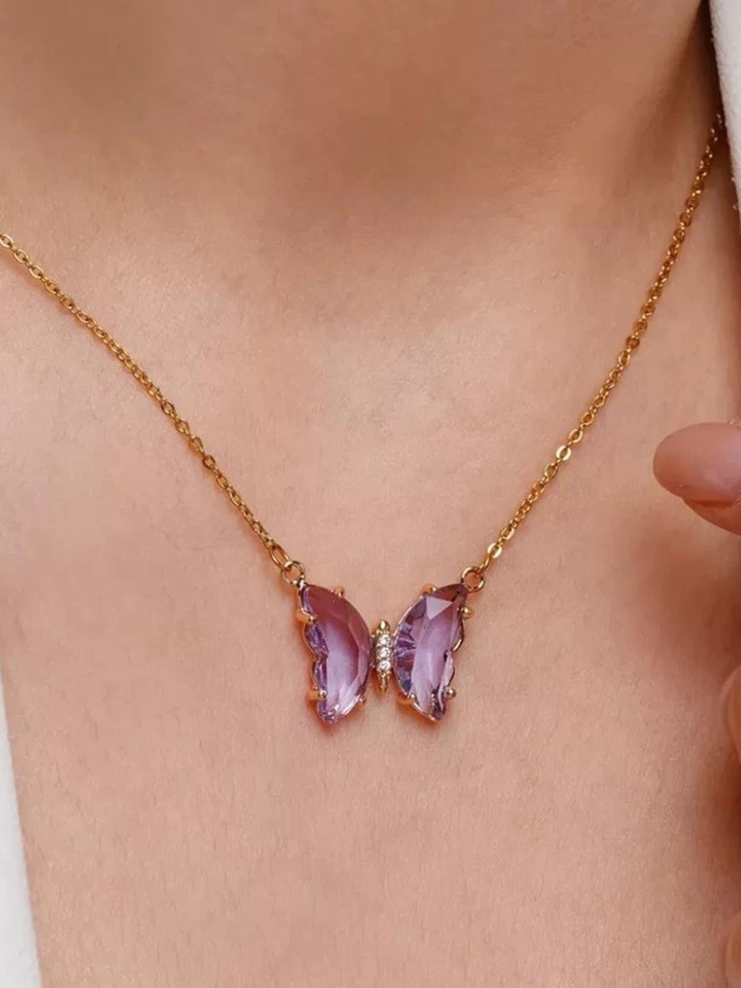 DressBerry Women Purple Butterfly Gold-Plated Necklace