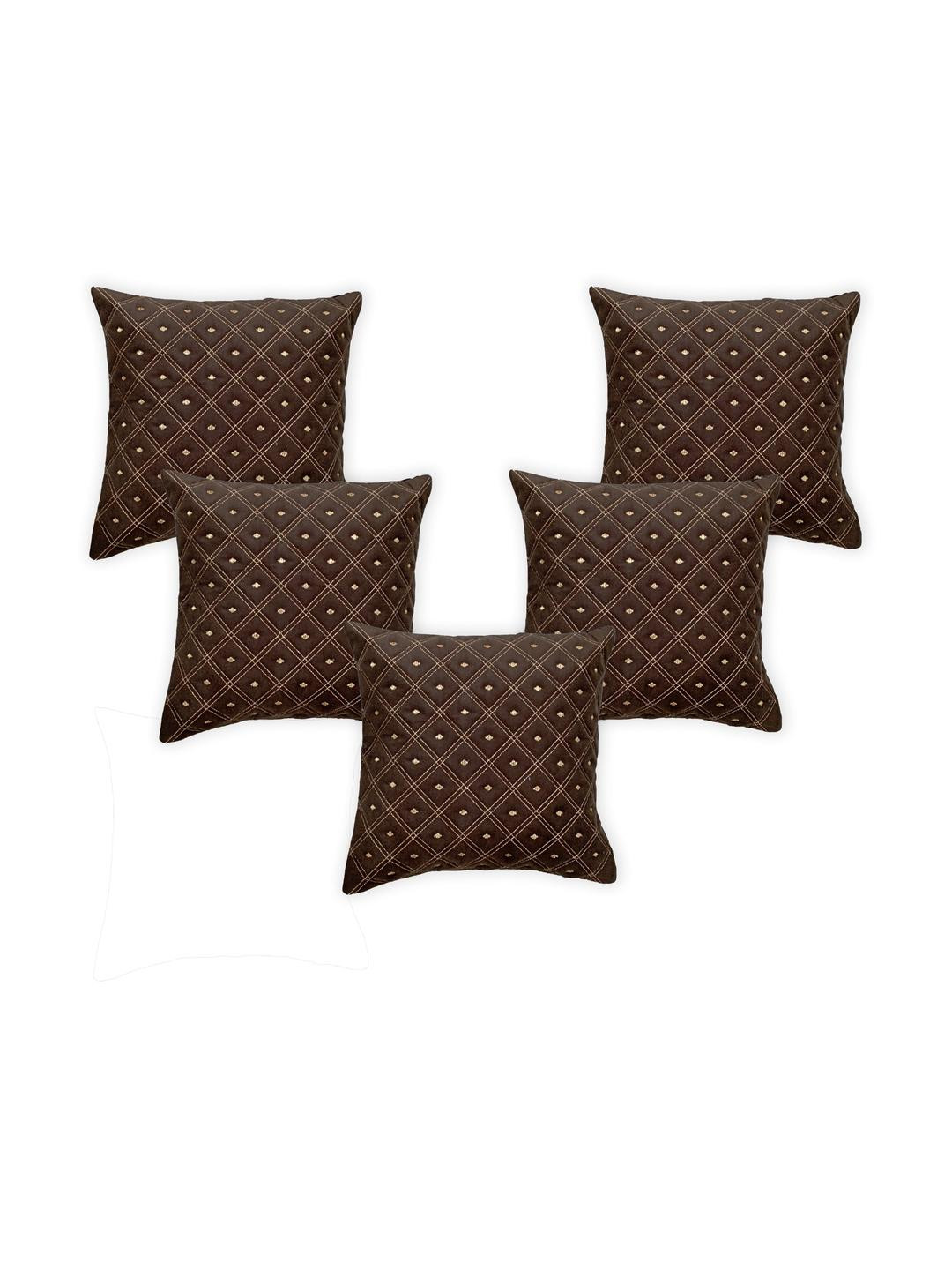 Sun Rise Set of 5 Coffee Brown & Gold-Toned Geometric Square Cushion Covers