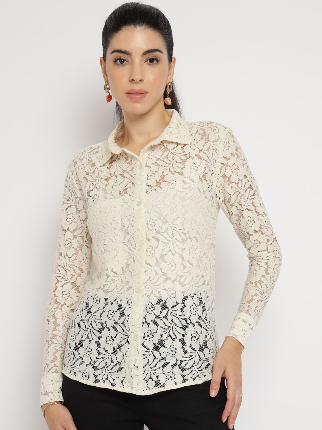 theulluu.com Lace Self Design Shirt Style Top