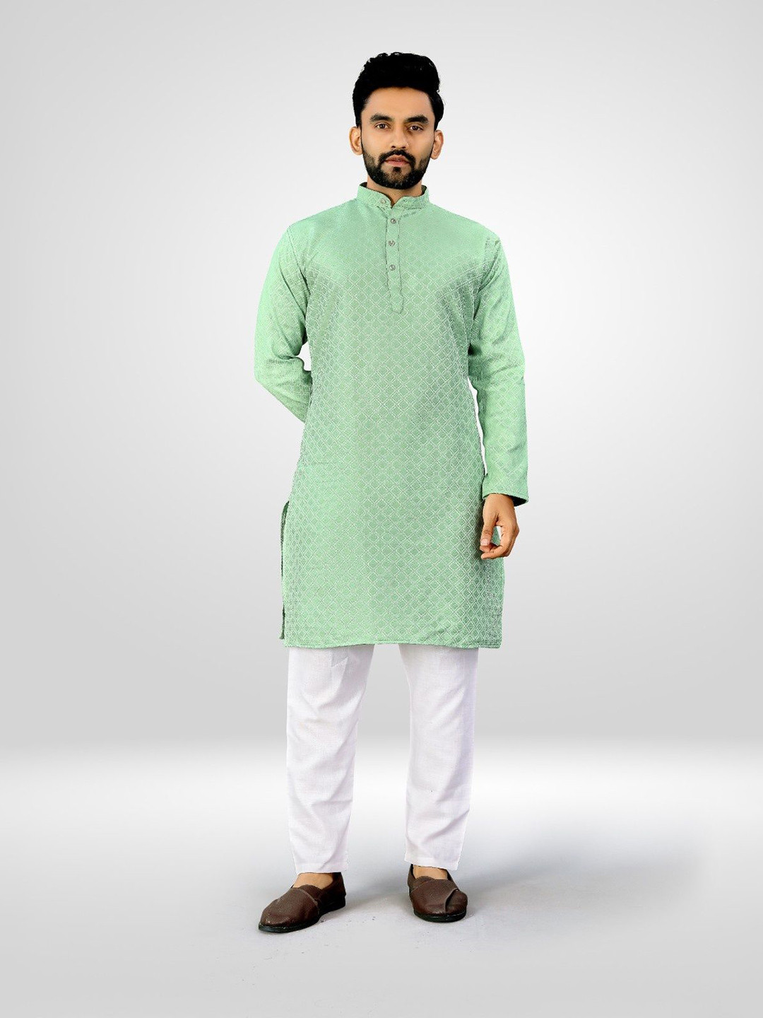 Ladyflock Geometric Woven Design Mandarin Collar Cotton Kurta