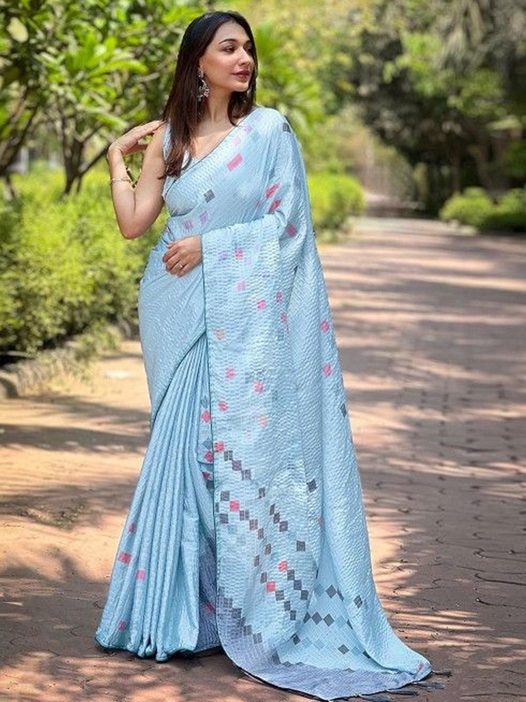 KARAGIRI Geometric Embroidered Satin Crochet Saree With Blouse Piece