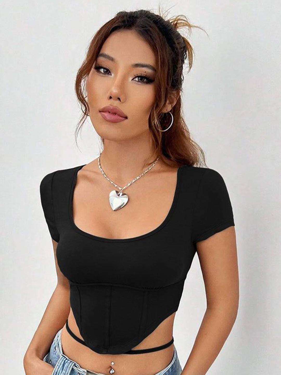 Outzidr Women Short Sleeve Corset Crop Top