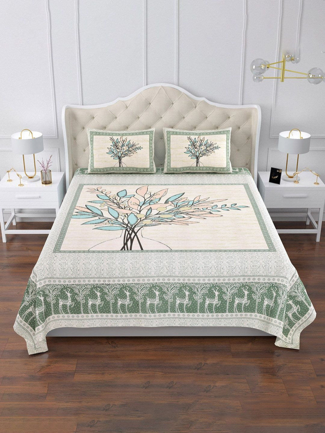 Aura Green & White Graphic Printed 160 TC King Bedsheet Set-2.72m x 2.29 m x 0.1 m