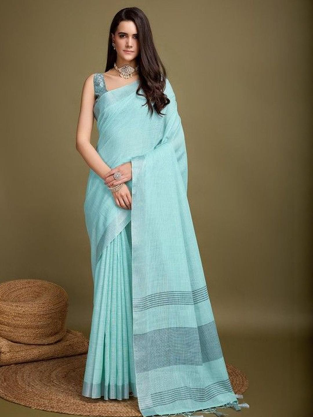 KARAGIRI Turquoise Blue Linen Daily Wear Saree With Blouse Piece