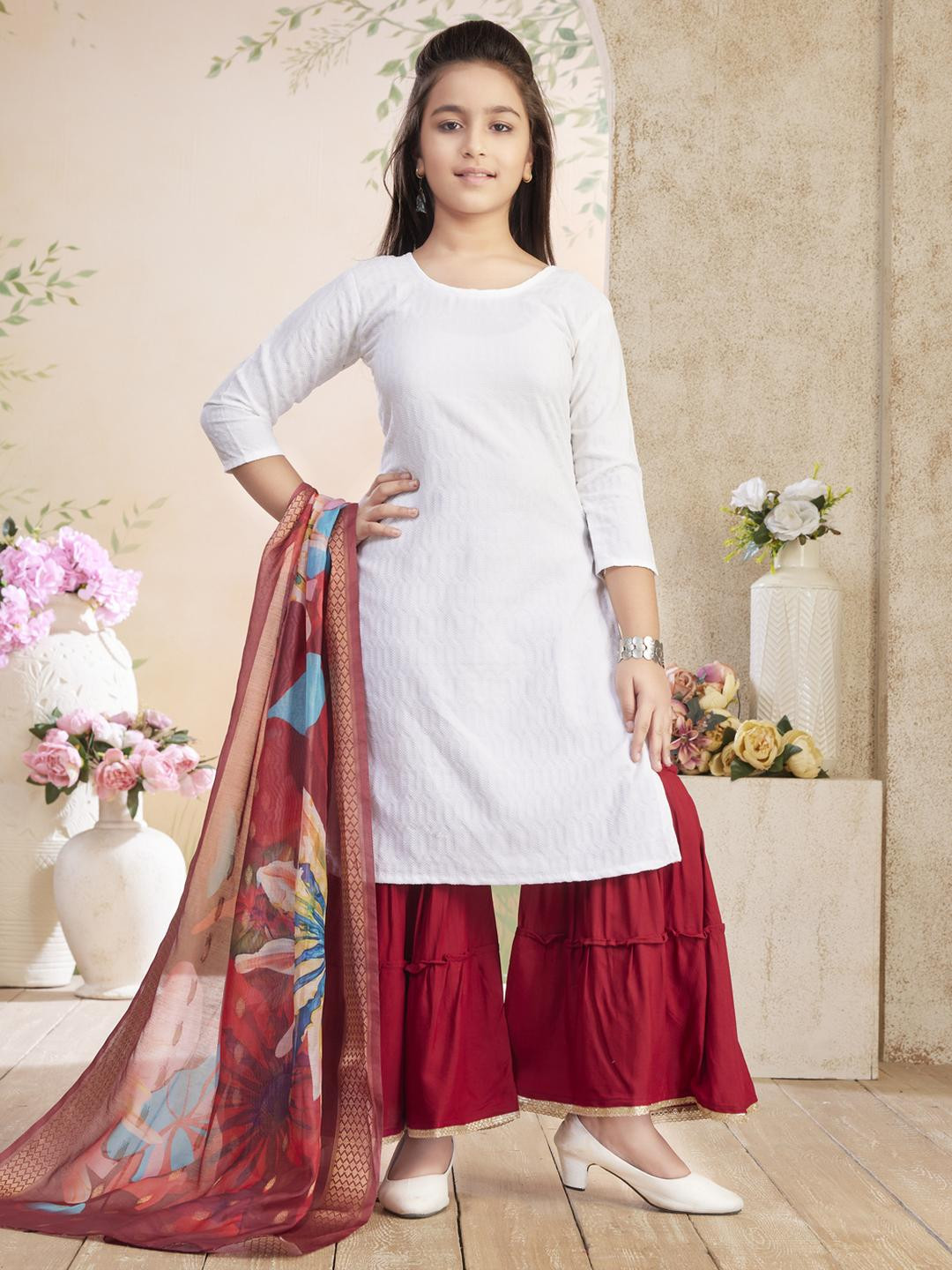 Muhuratam Kids-Girls White Cotton Kurtas