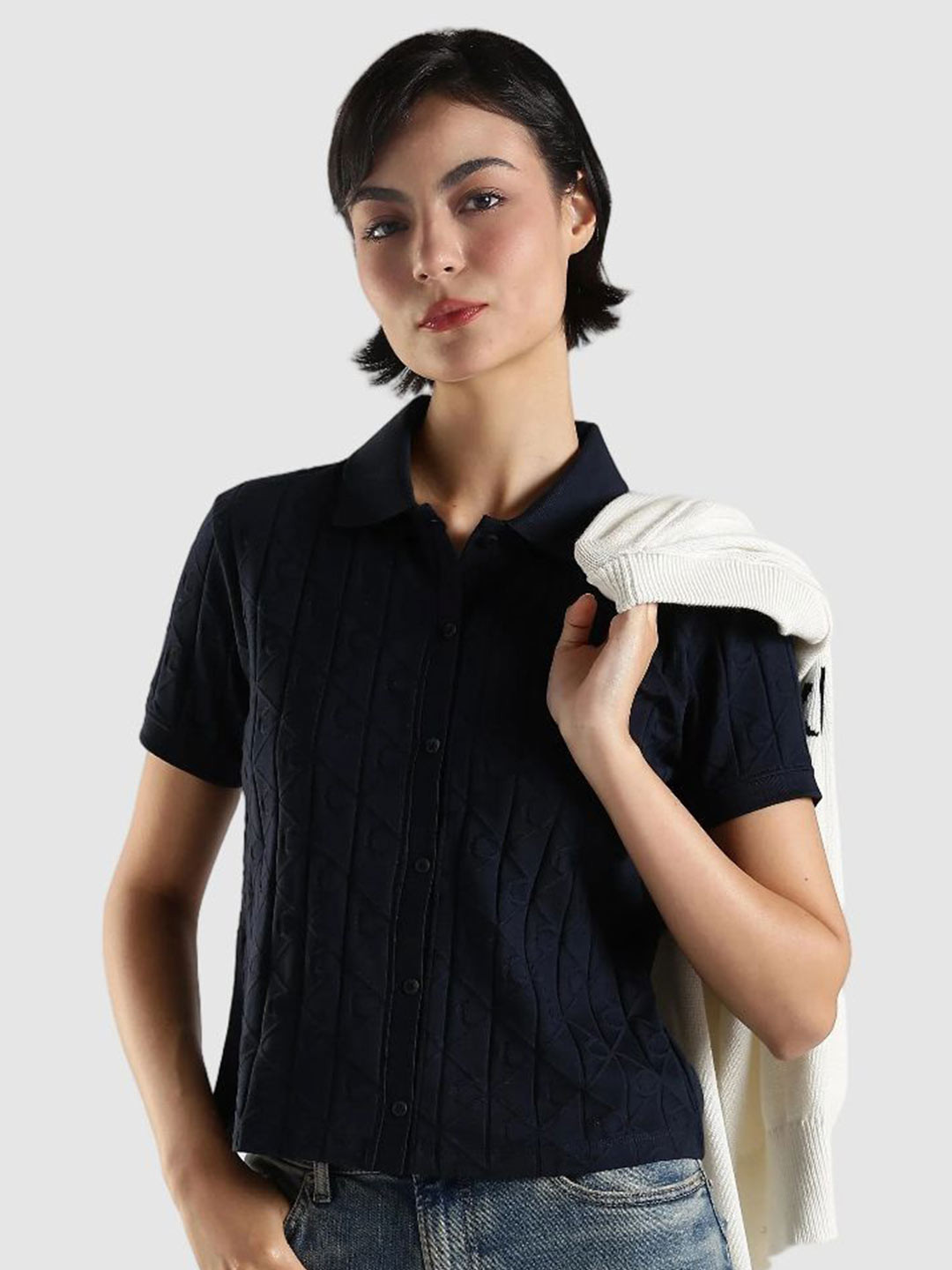 Calvin Klein Jeans Women Self Design Shirt Collra Cotton Shirt Style Crop Top