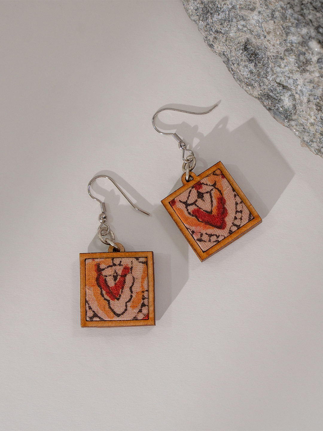 WHE Wooden Square Shaped Repurposed Kalamkari Drop Earrings
