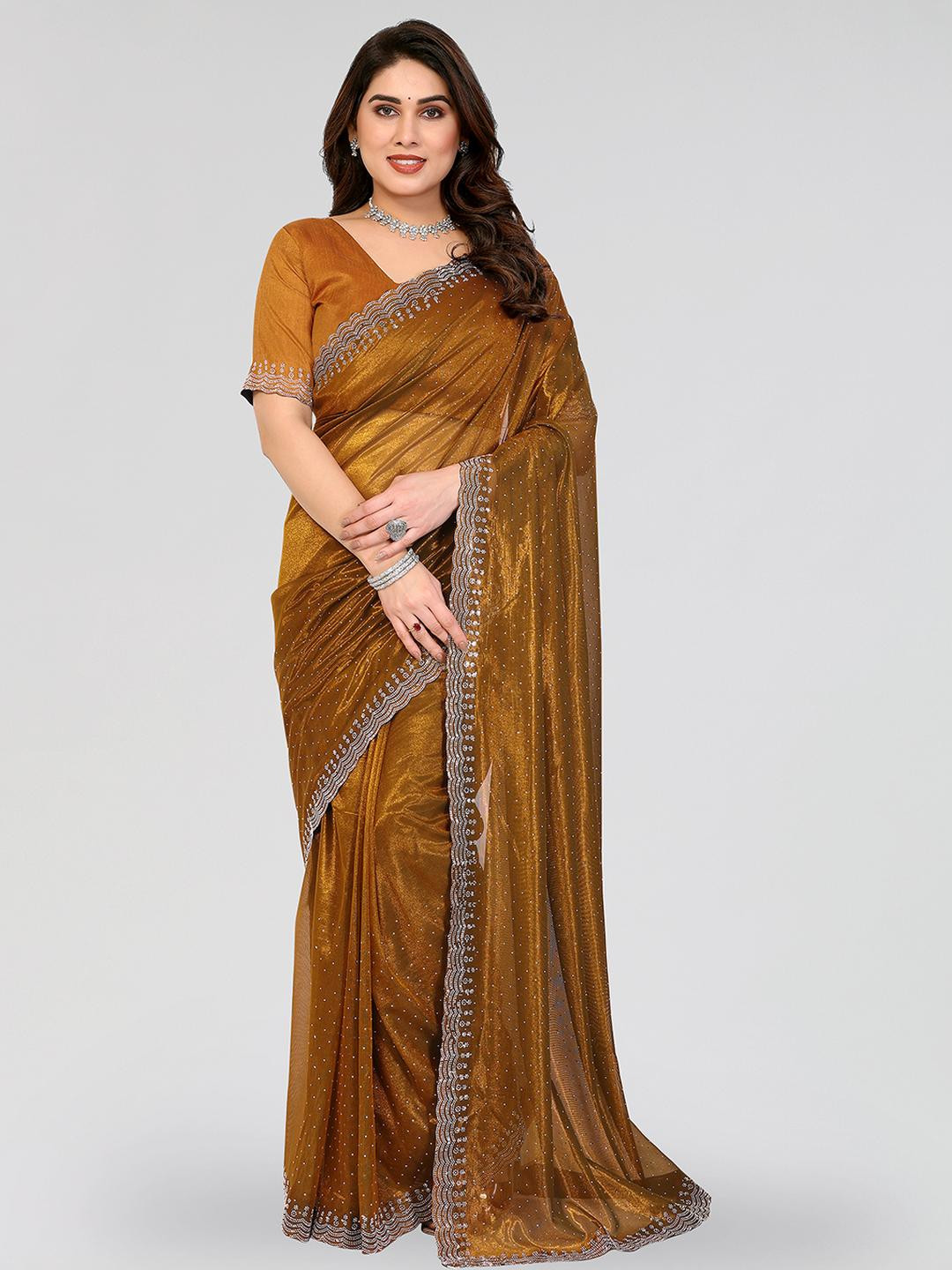 Moda Rapido Brown Embellished Net Sarees
