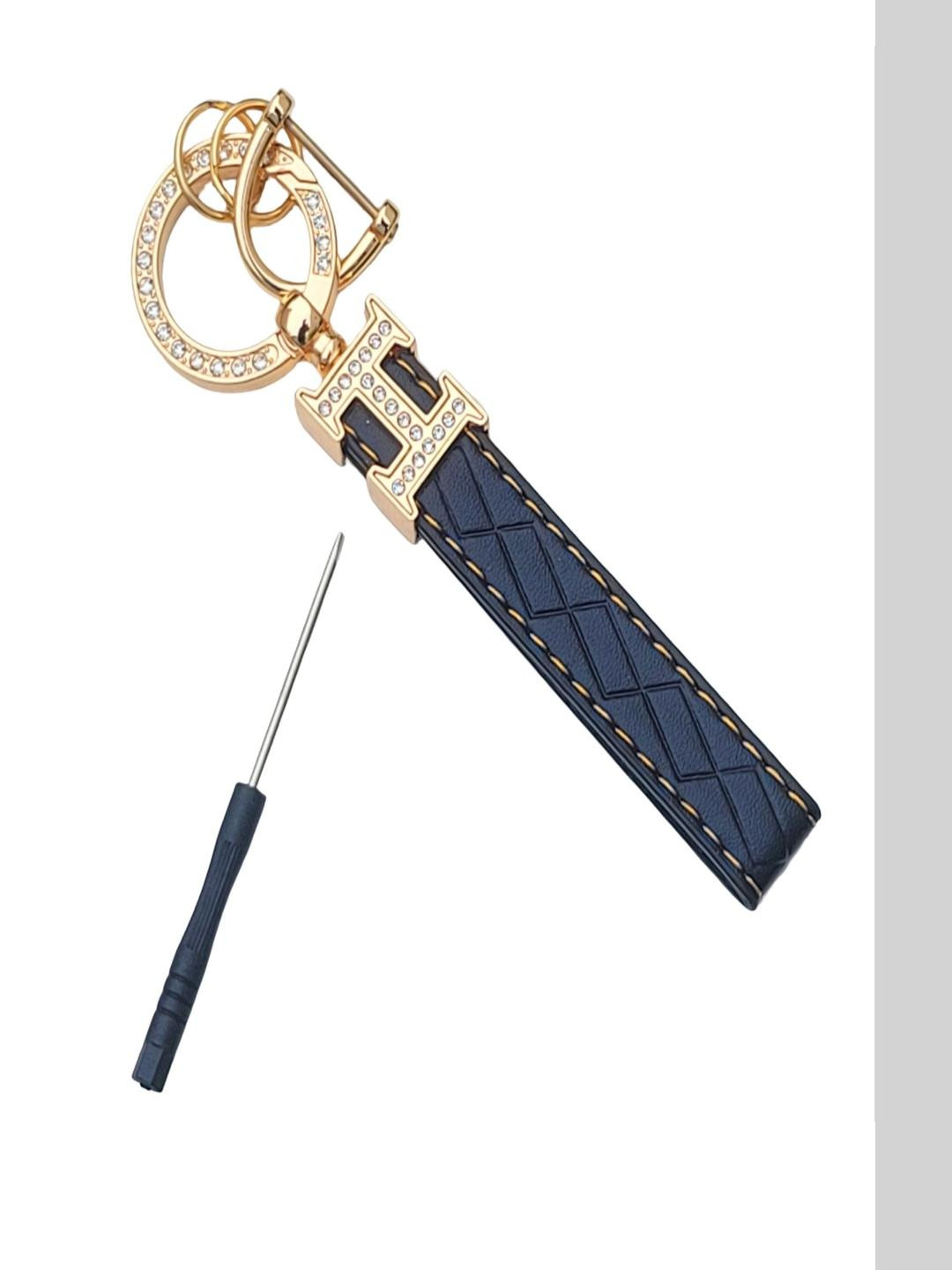 ADOREAL Unisex Black & Gold Letter H & Stones Studded Leather Keychain & Keyring