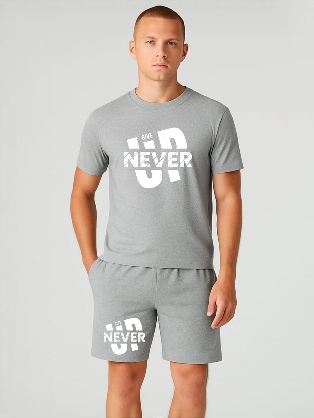 FABSTIEVE Men Never Give Up Printed Round NeckT-Shirt With Shorts Co-Ords