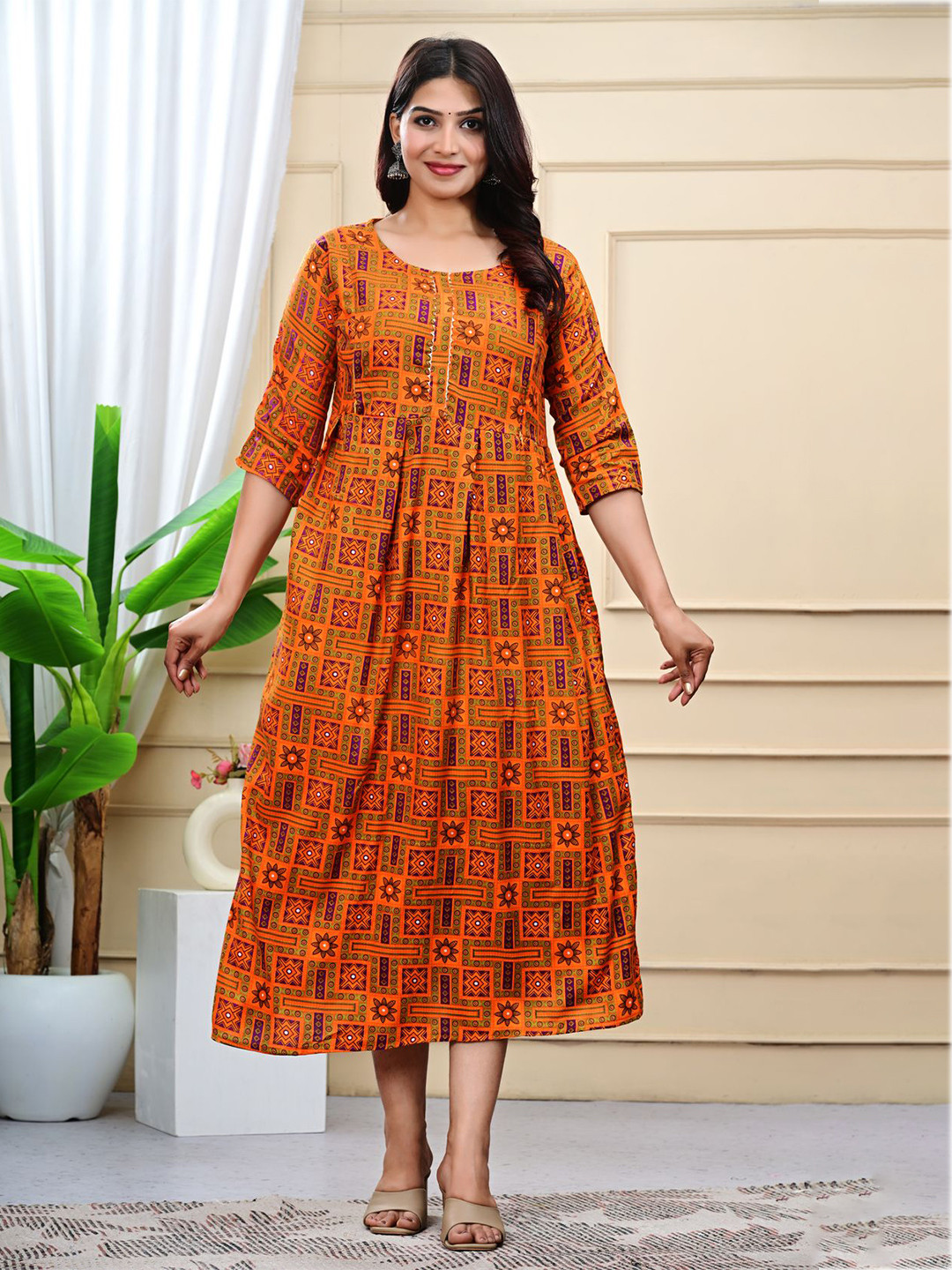 WE PERFECT Printed Cotton Round Neck Maternity Ethnic Dress