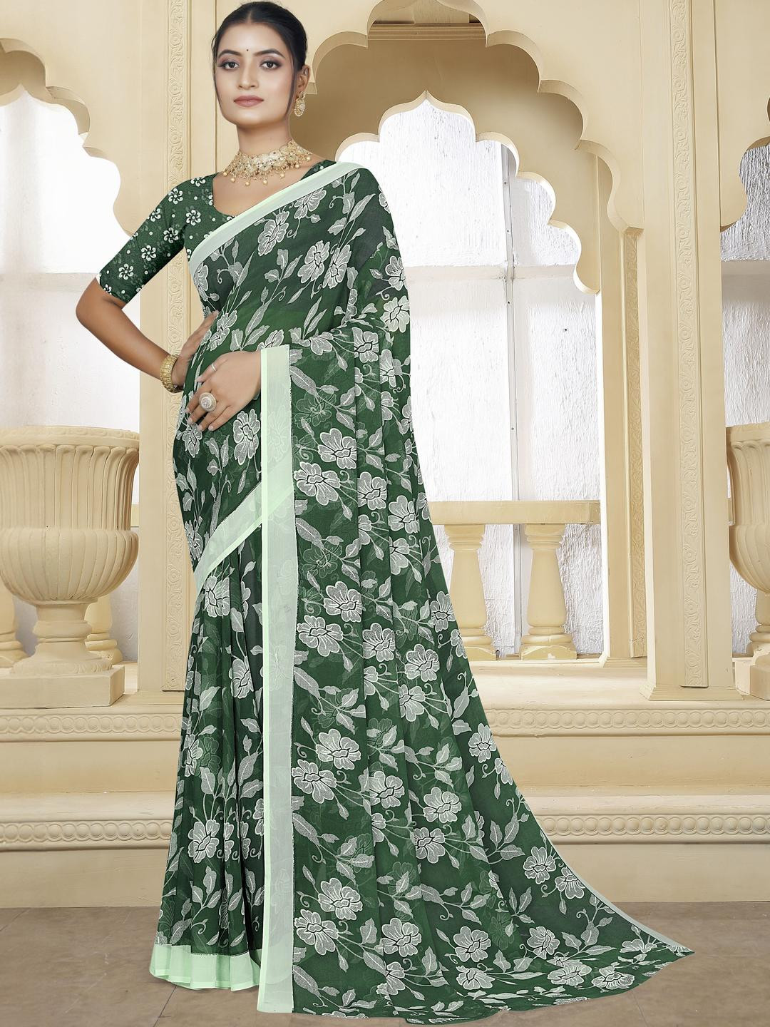 BHAVIKA SILK MILLS Floral Printed Pure Georgette Saree With Unstiched Blouse Piece