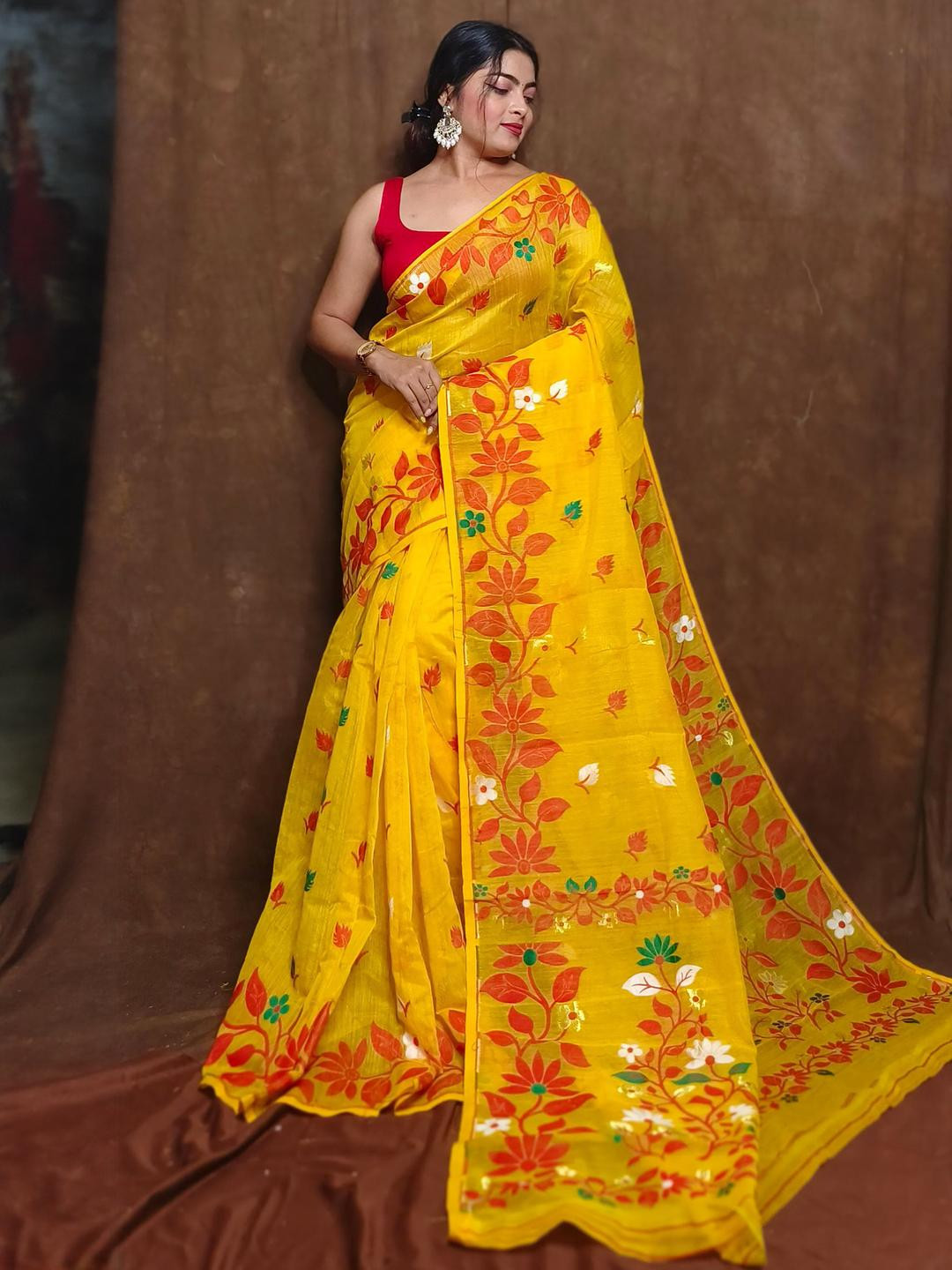 RIDDHIMAN FASHION Floral Woven Design Silk Cotton Jamdani Saree