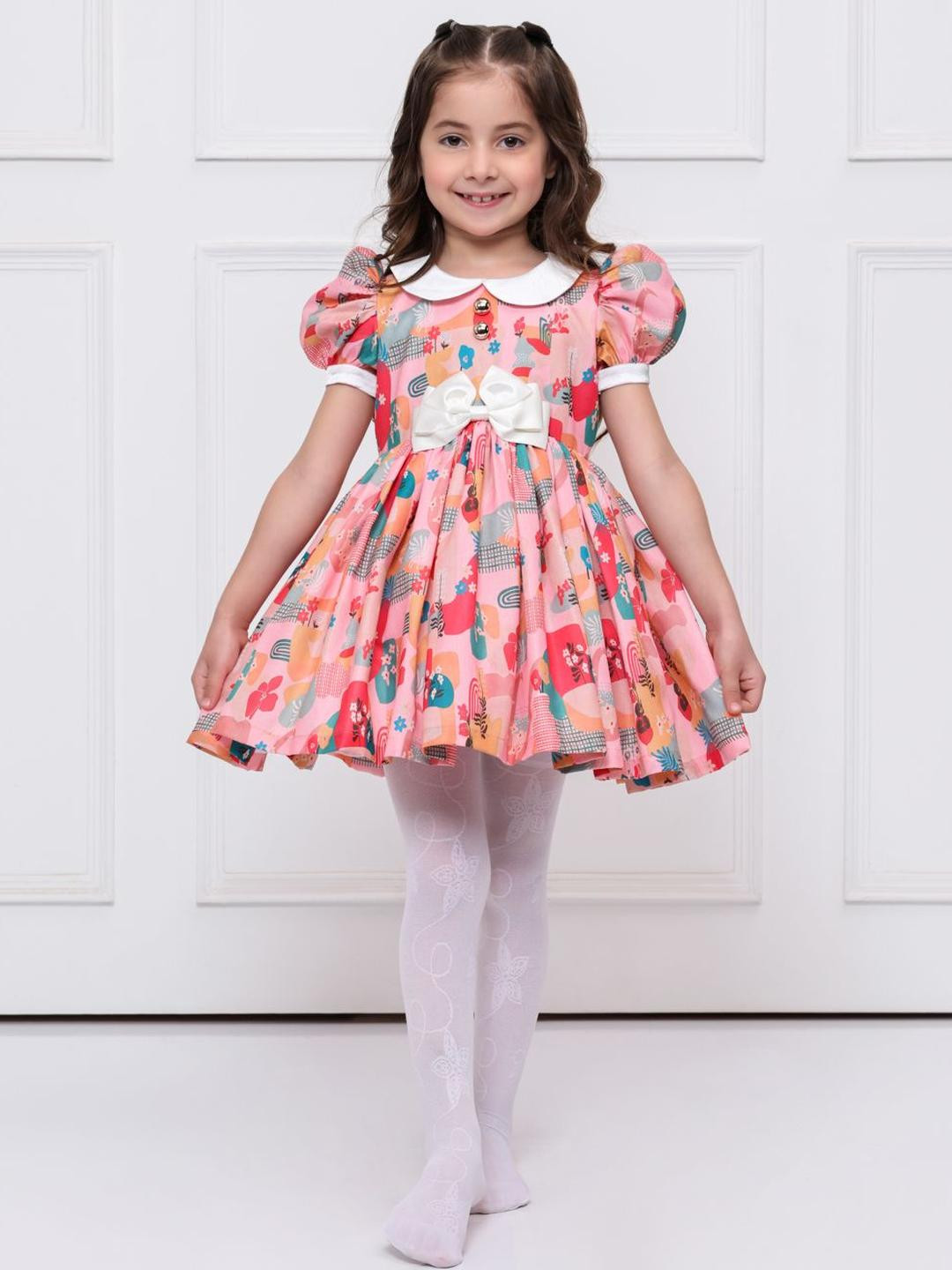 YK Girls Peter Pan Collar Bow Graphic Print Puff Sleeve Fit & Flare Dress