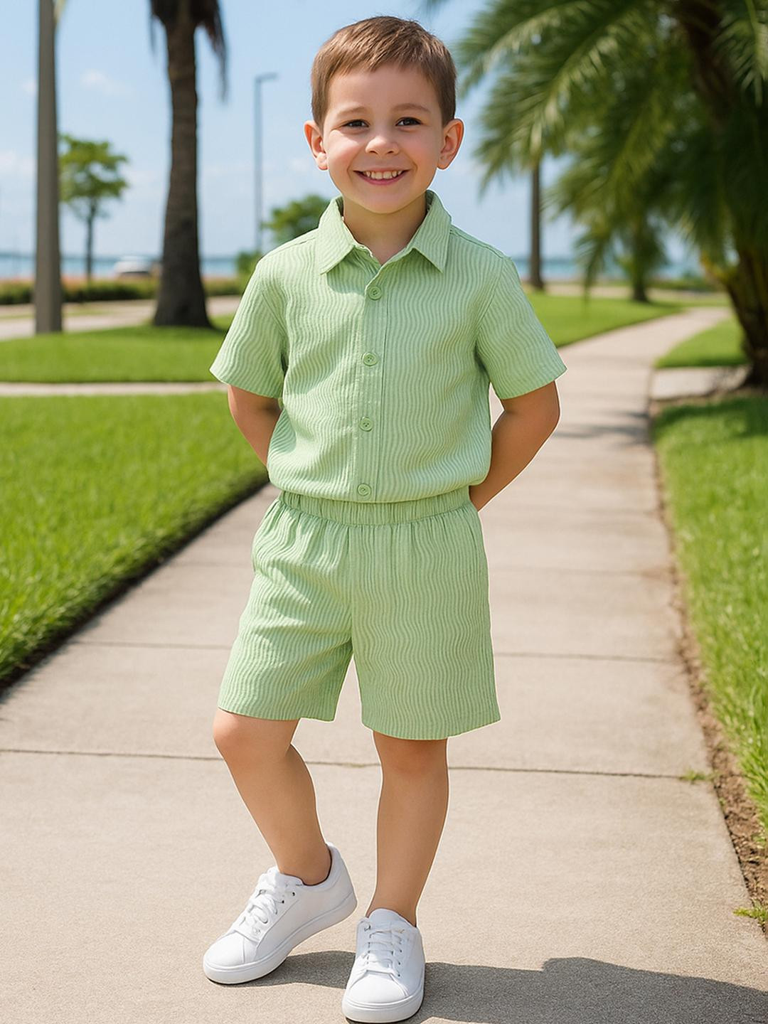OMPAX Boys Green Raffel Stripe Shirt with Shorts