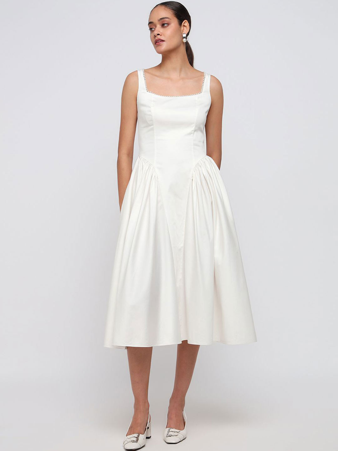 COVER STORY Women Square Neck Gathered or Pleated Cotton Fit & Flare Midi Dress