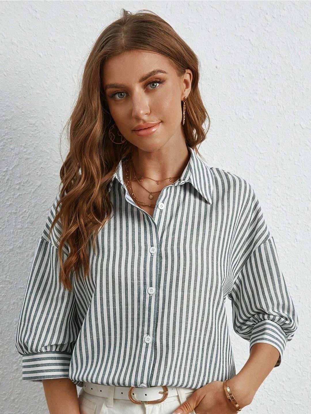 4WRD by Dressberry Women Relaxed Fit Vertical Striped Spread Collar Cotton Casual Shirt