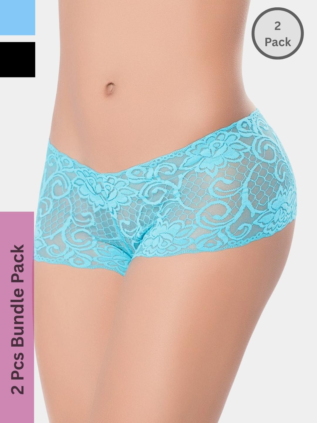 LoveAasan Women Pack of 2 Turquoise Blue & Black Lack Boy Shorts Briefs