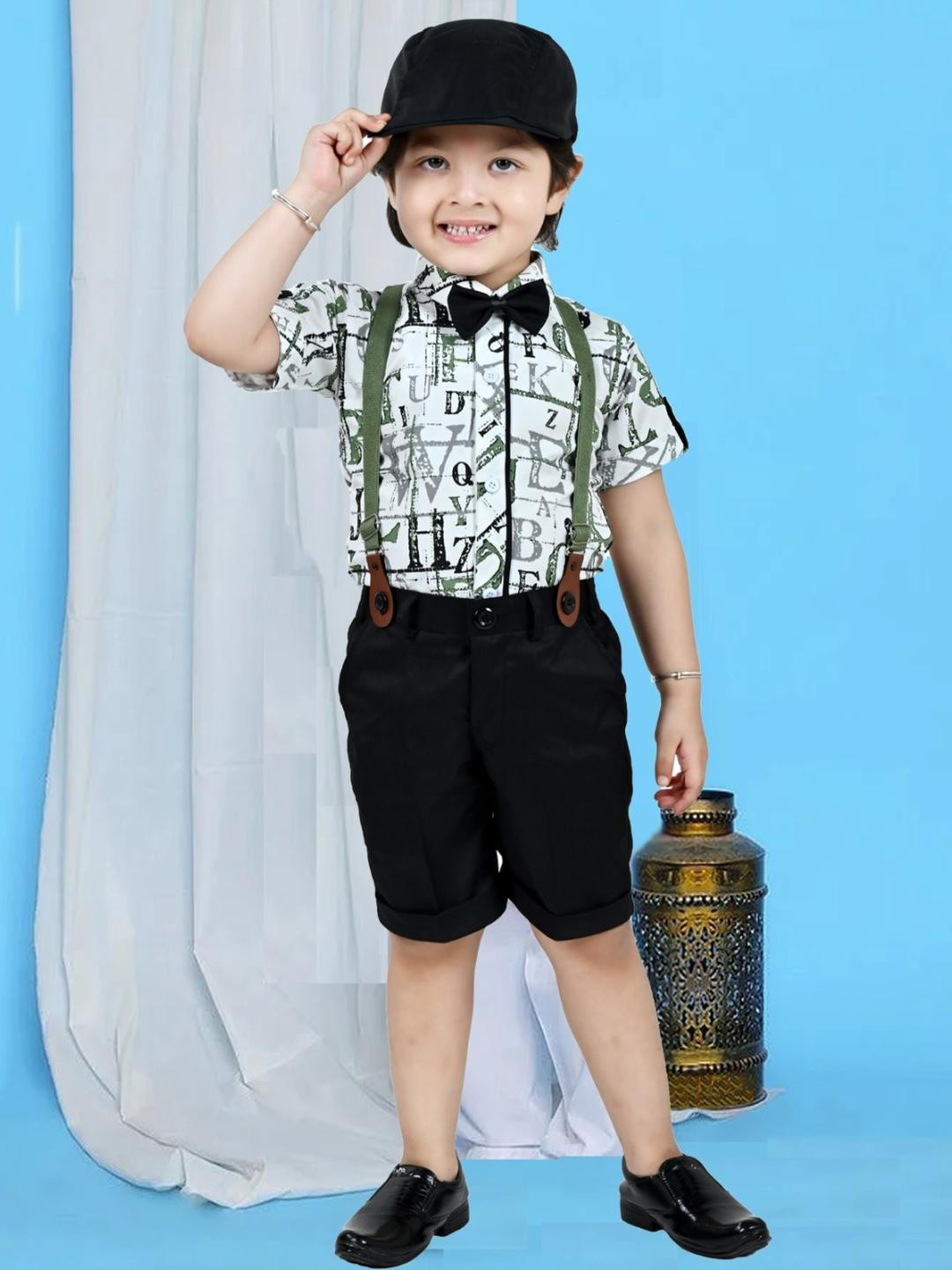 OJ TREND Green Printed Y Suspenders Shirt & Shorts Dungaree Set With Bow Tie And Cap