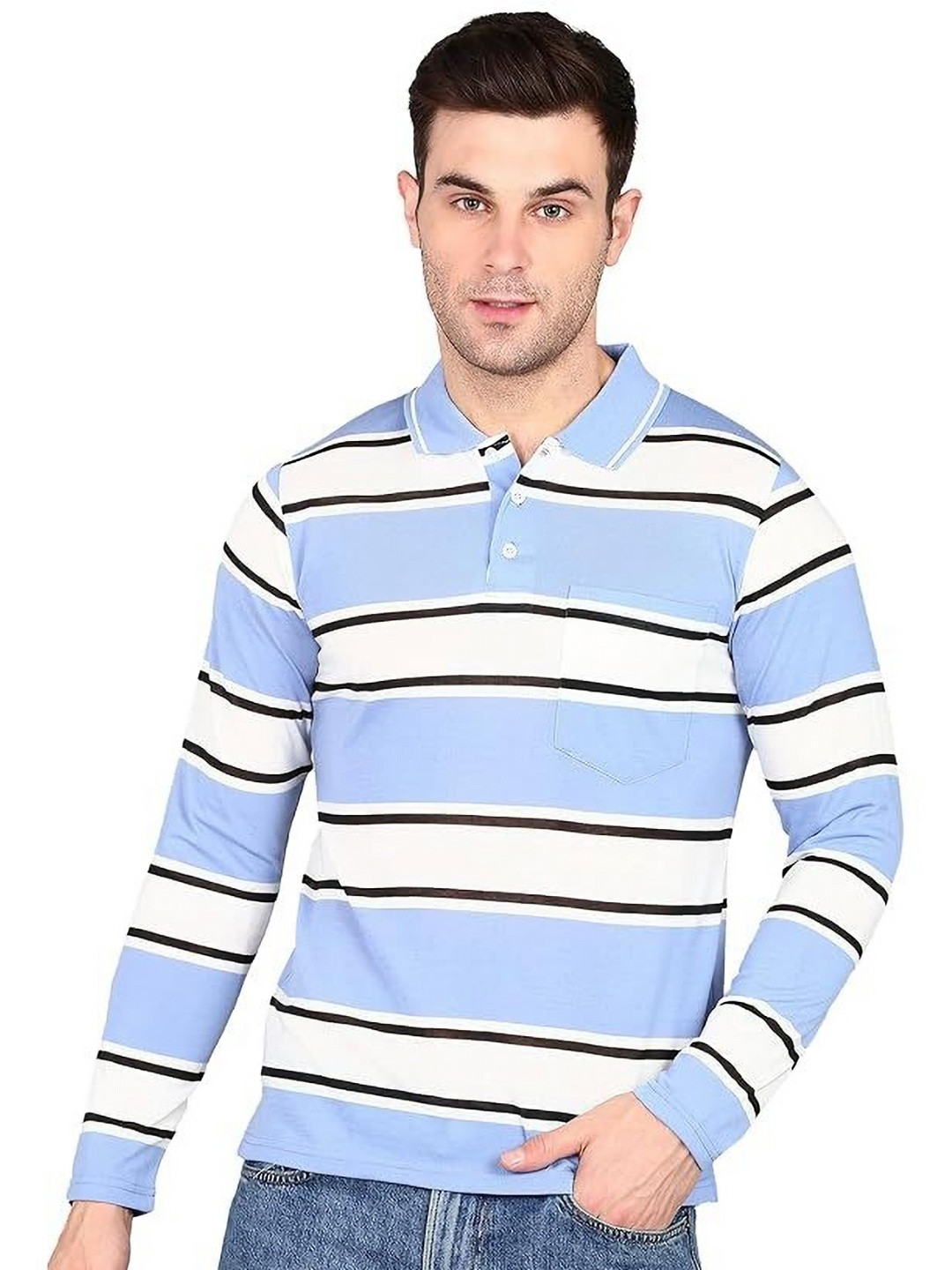 ALLEYRICH Striped Polo Collar Cotton T-shirt
