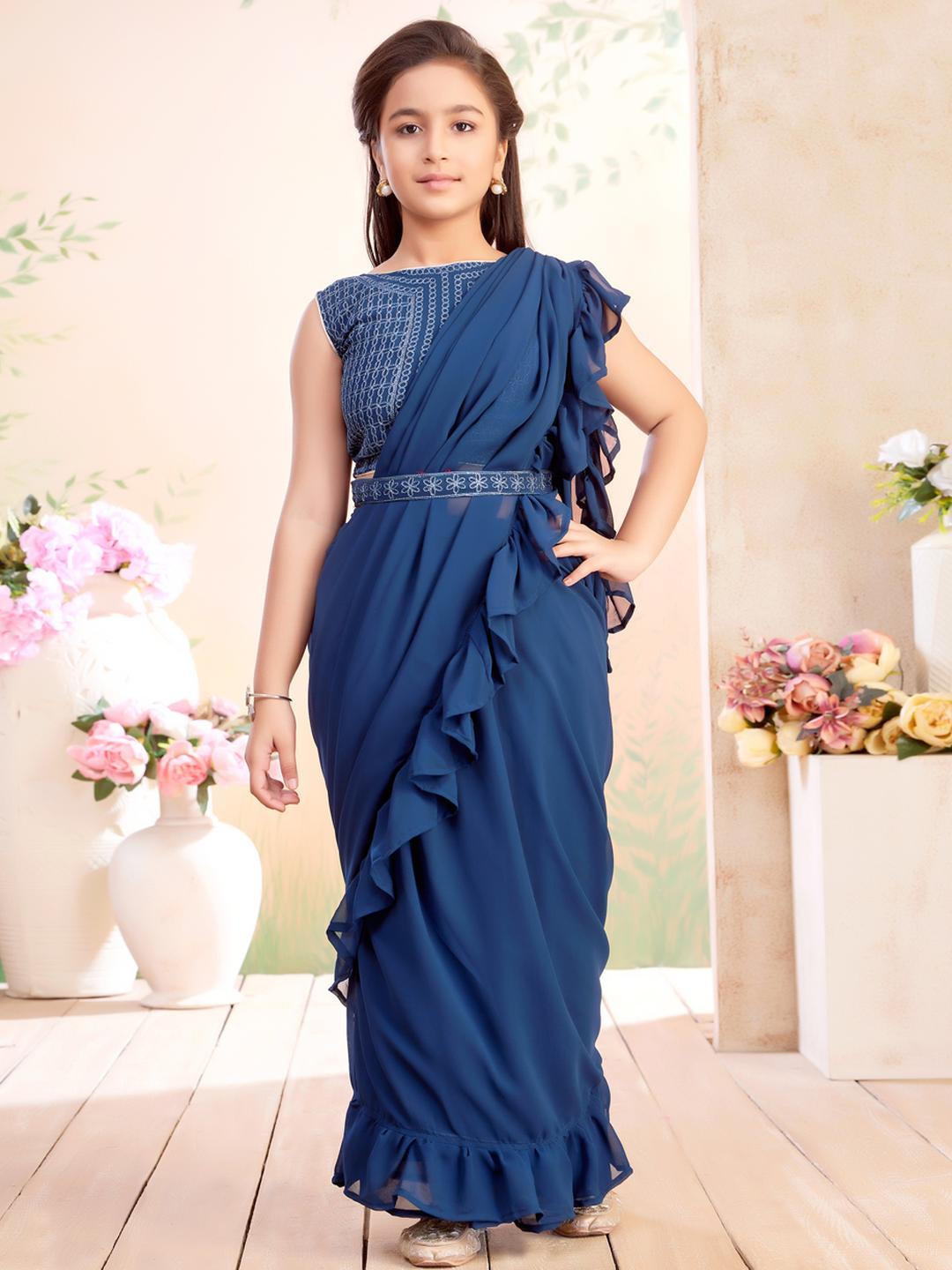 Muhuratam Girls Teal Blue Embroidered Georgette Lehenga Blouse & Saree With Dupatta