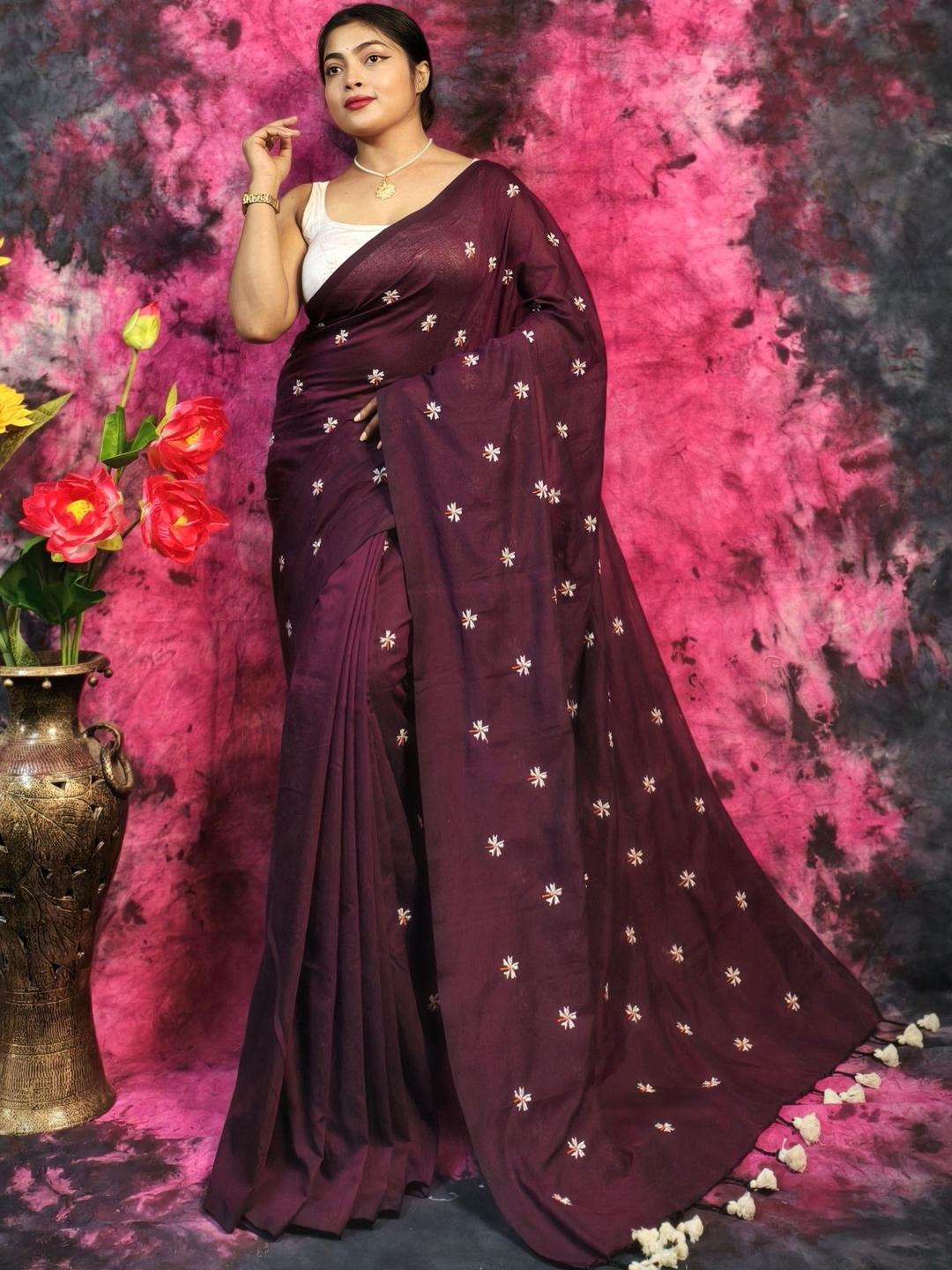 RIDDHIMAN FASHION Floral Embroidered Pure Cotton Saree With Blouse Piece