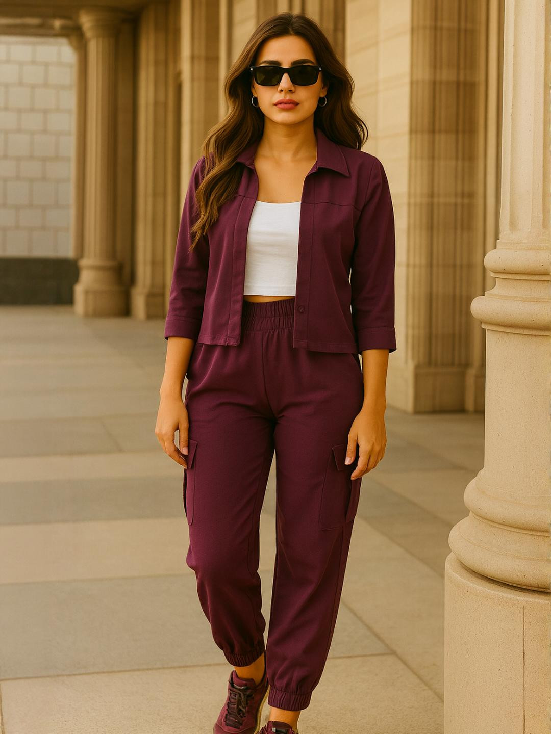 Roadster Women Purple Solid Top & Trousers & Jacket Polyester Co-Ords