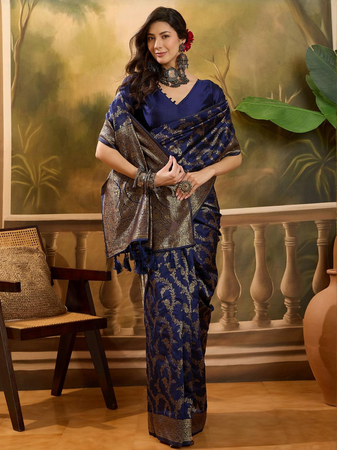 Sangria Navy Blue Woven Design Silk Blend Sarees