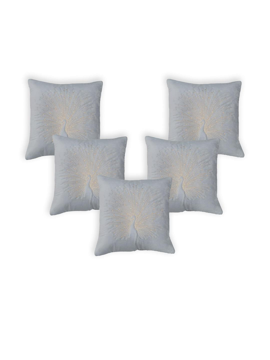 Sun Rise Grey & Gold-Toned Set of 5 Peacock Embroidered Polyester Square Cushion Covers