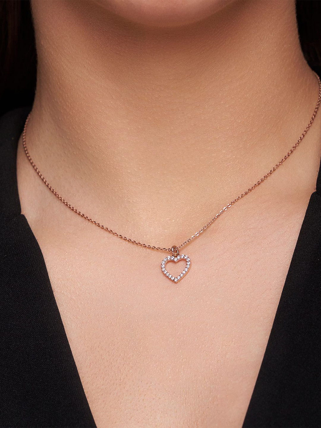 KYMEE Sterling Silver 18KT Vermeil Rose Gold-Plated Diamond Heart Pendant With Chain