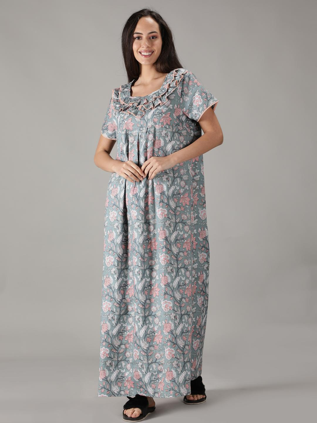 Nihsamah Women Grey Floral Printed Round Neck Short Sleeves Cotton Frills Maxi Nightdress