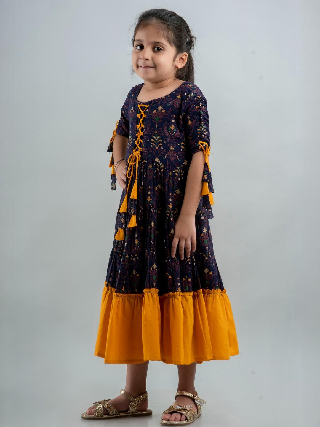 Sangria Girls Long Flared  Anarkali Kurta in Blue & Yellow
